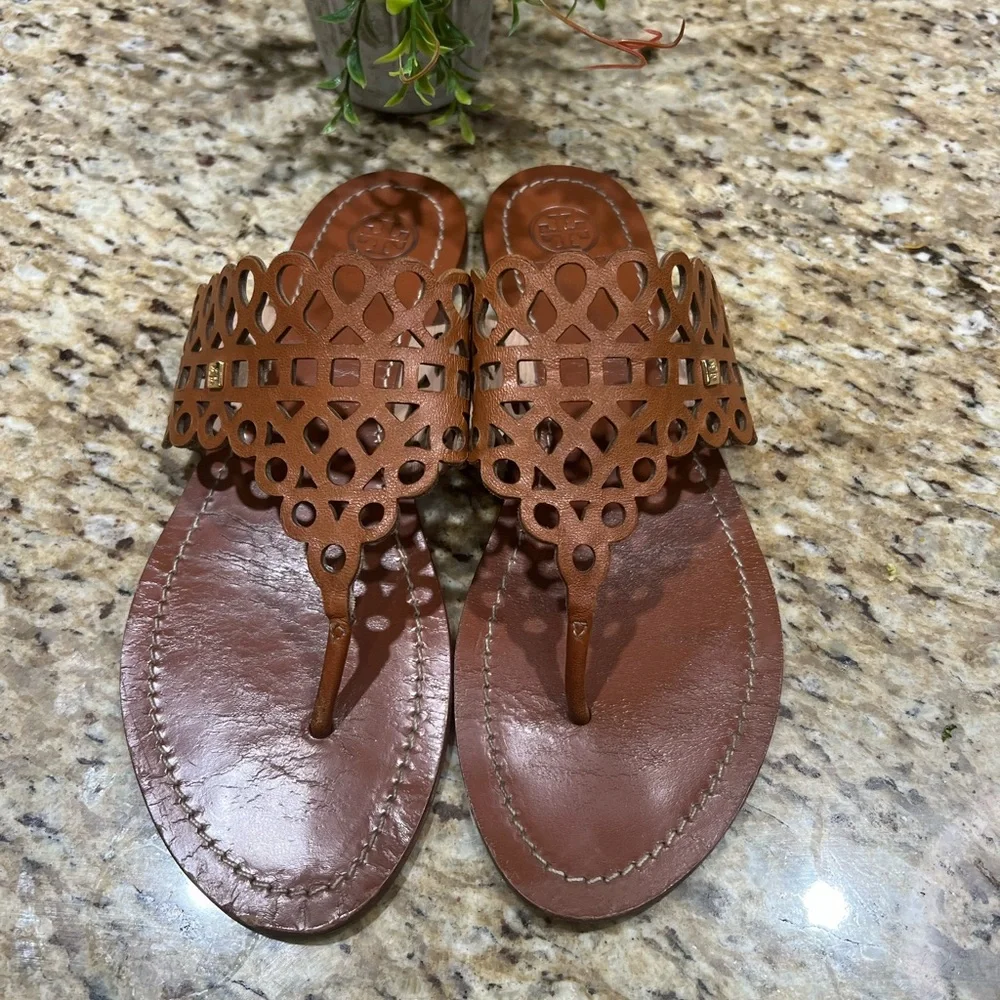Tory Burch Leather Lasercut Accent Brown Slides 9.5